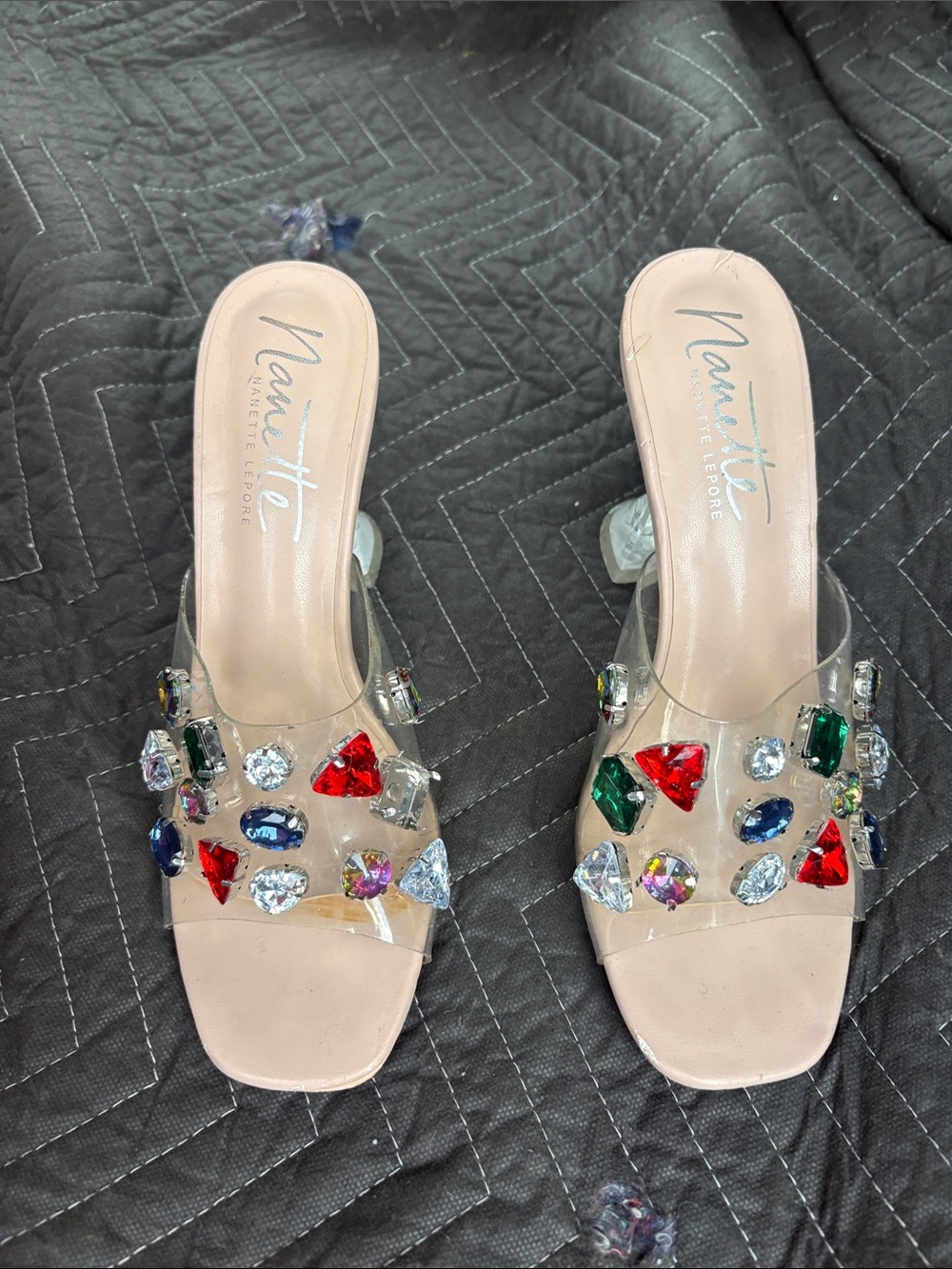 Nanette Lepore Nude Clear Slide Sandals with Multicolor Jewel Accents
